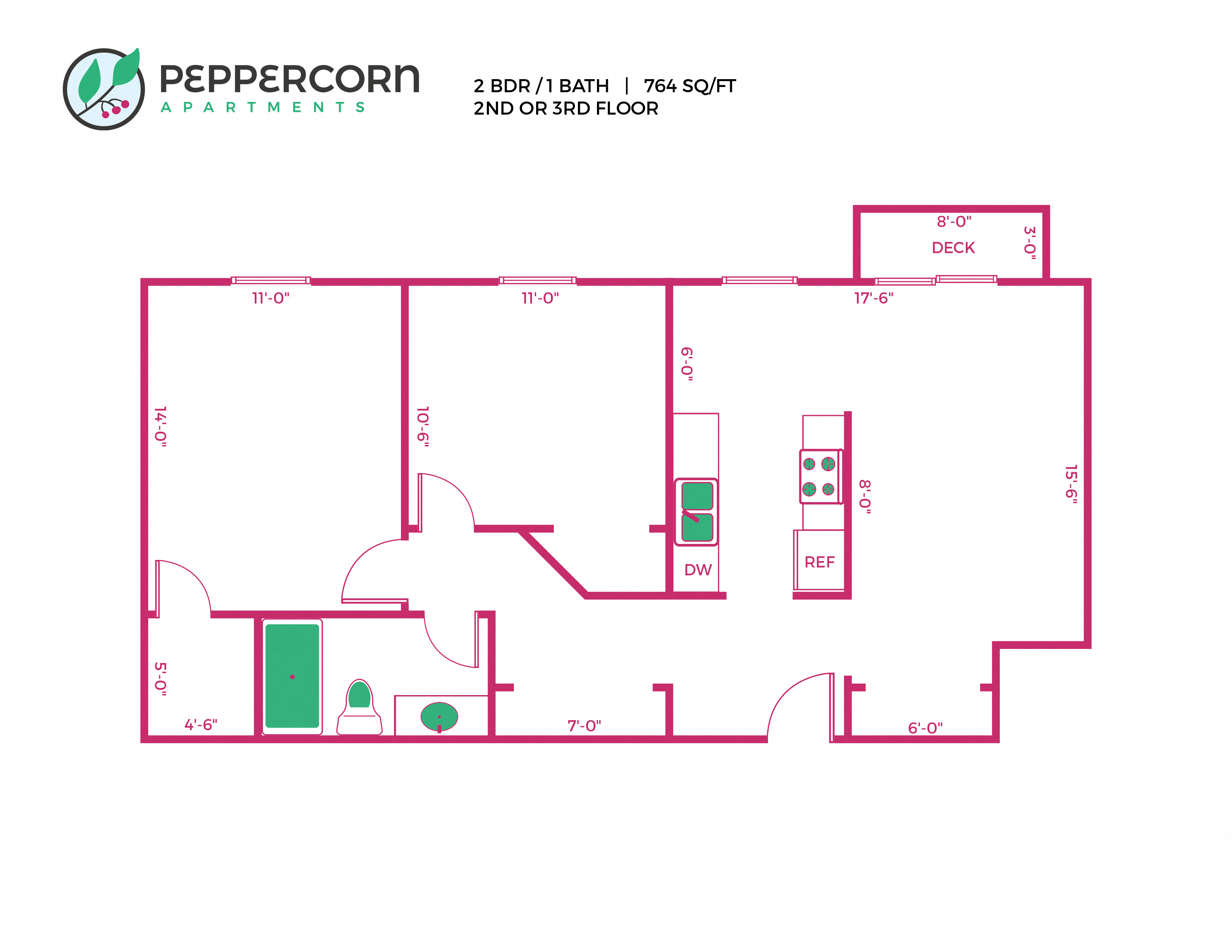 Floor plan for 2 beds, 1 bath, 764 sqft